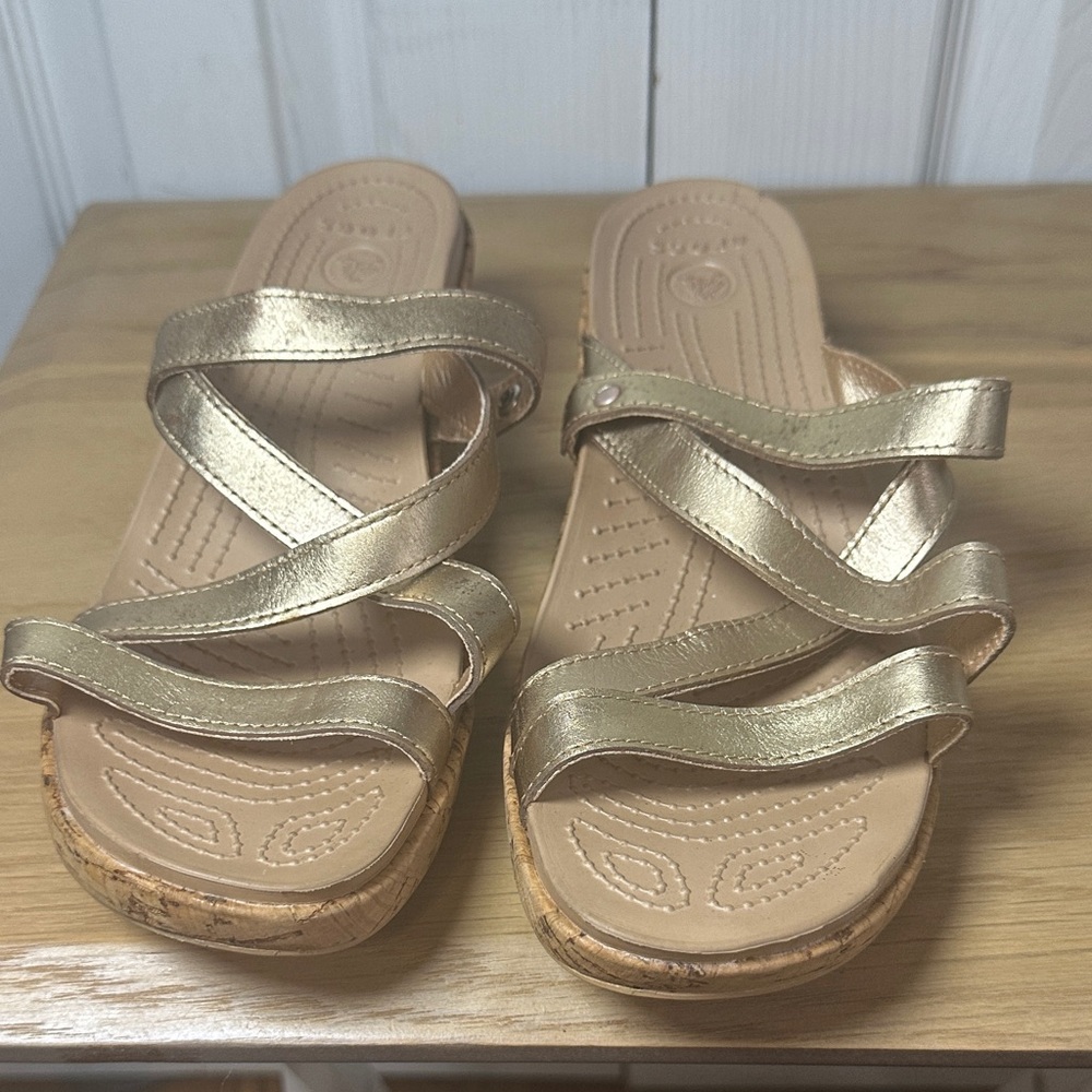 Gold Strappy Crocs Sandals